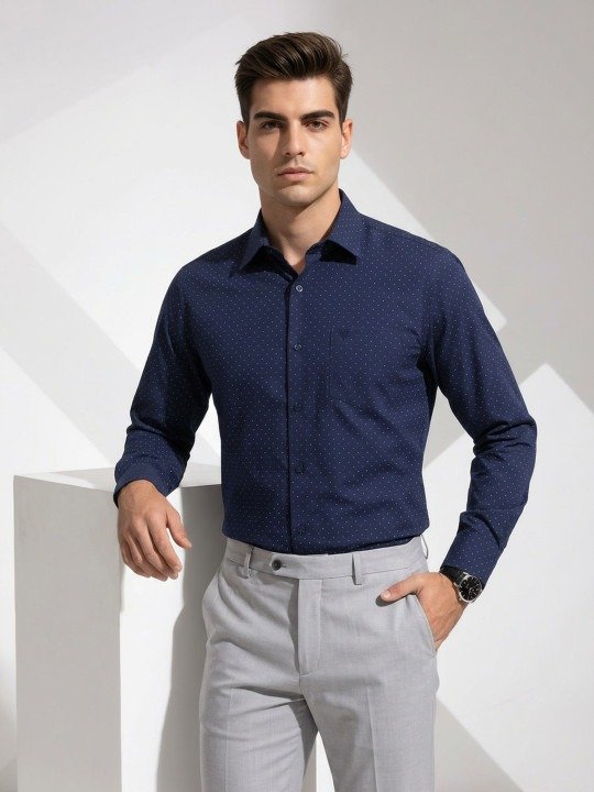 Slim Fit Micro Ditsy Printed Cotton Formal Shirt, Navy Blue