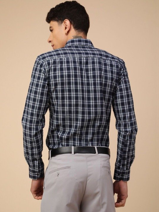 Men Slim Fit Checked Casual Shirt, Navy Blue - Image 3