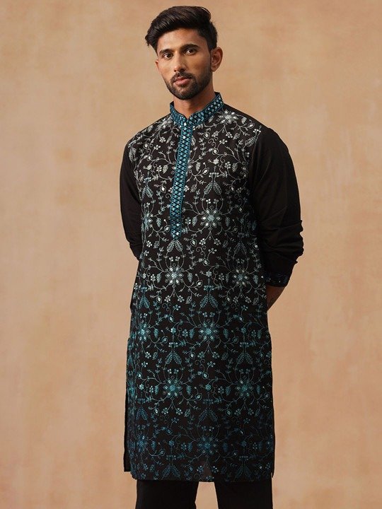 Azure Floral Print Kurta (Black & Turquoise Blue)