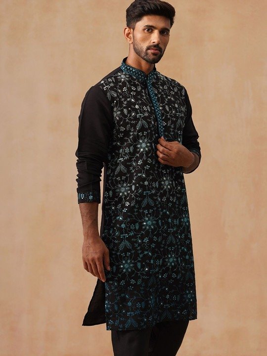 Azure Floral Print Kurta (Black & Turquoise Blue) - Image 4