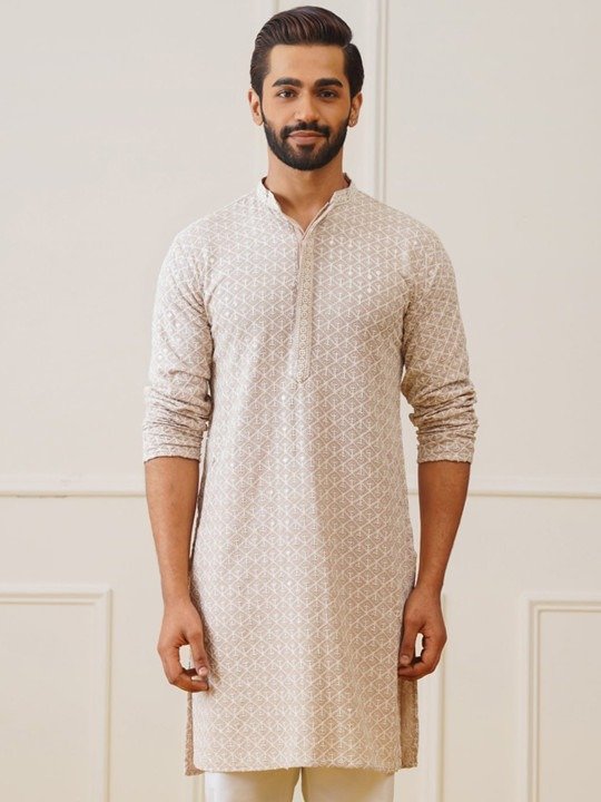 Printed Cotton Kurta - Beige