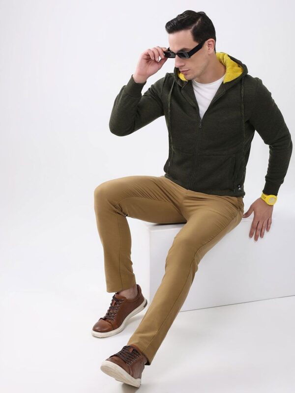 Contrast Lined Zip-Up Hoodie - Olive Green with Yellow